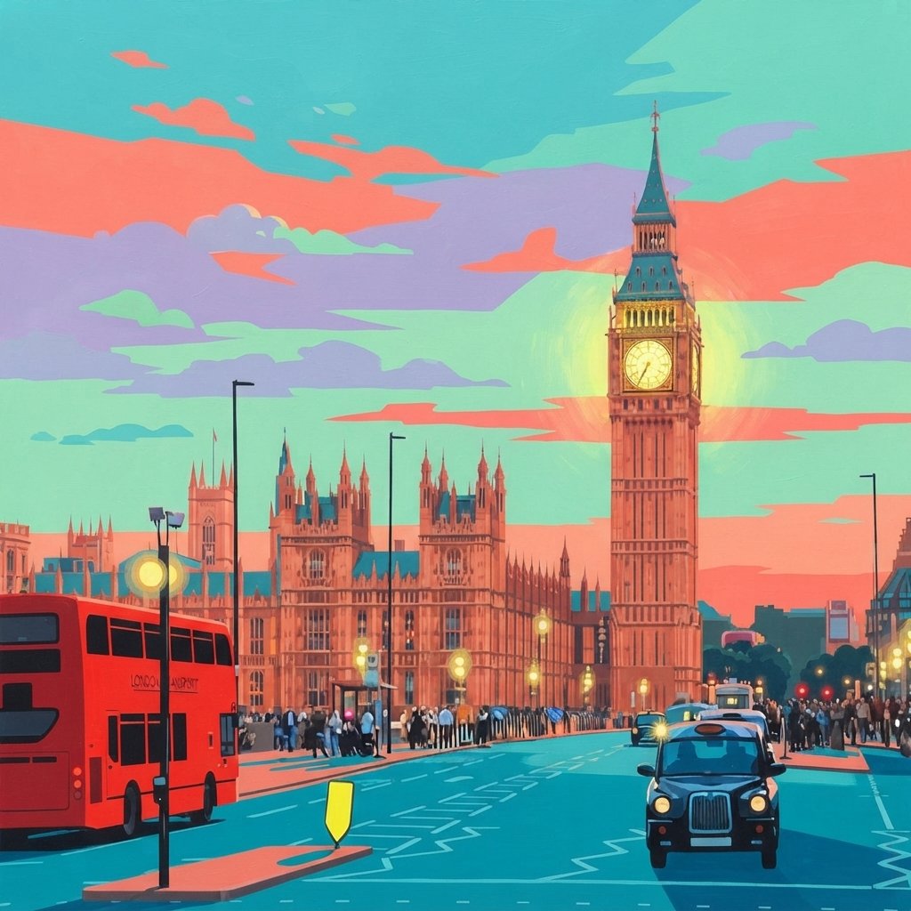 Illustrated view of Big Ben and the Houses of Parliament at sunset in Westminster, London