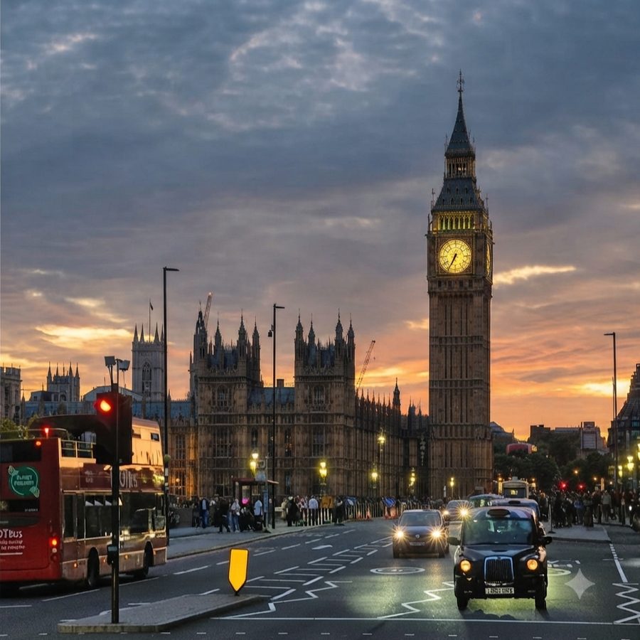 Big Ben and the Houses of Parliament at sunset in Westminster, London